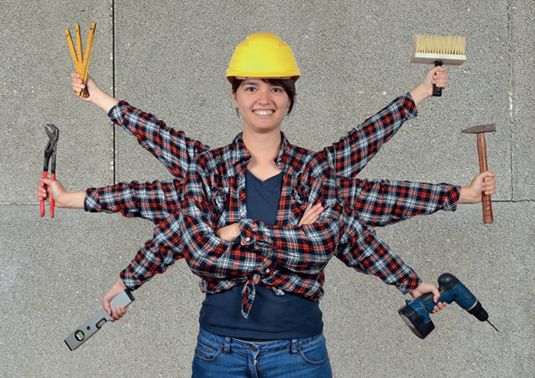Bauarbeiterin mit 8 Armen, Werkzeug in der Hand und Helm auf dem Kopf.