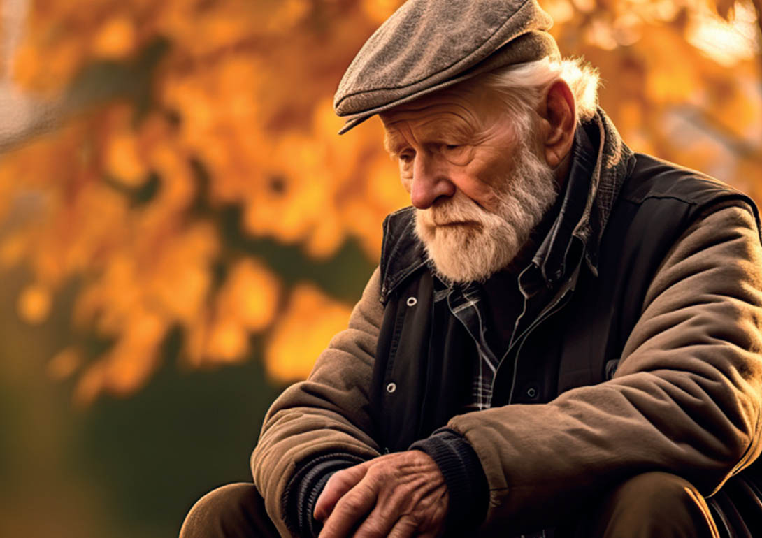Alter Mann sitzt auf einer Parkbank